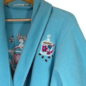 Fleece Bath Robe‎ Medium Blue Coffee Cup Embroidered Cozy Lounge Sleep Wear